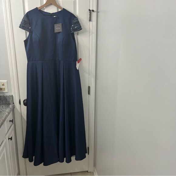 NWT Mac Duggal Women's Ieena High Neck Cap Sleeve Tea Length Dress sz 18 - Picture 4 of 10